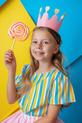 A young girl wearing a pink crown and striped dress holds a pastel-colored lollipop. Cheerful and playful children’s portrait with vibrant colors.