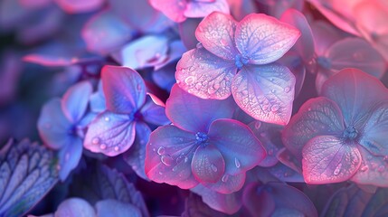 Close-up of mophead hydrangea flowers with detailed textures and vibrant colors, showcasing the flowers and leaves in high-definition