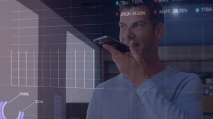Poster - Speaking into smartphone, man with financial data processing animation over him