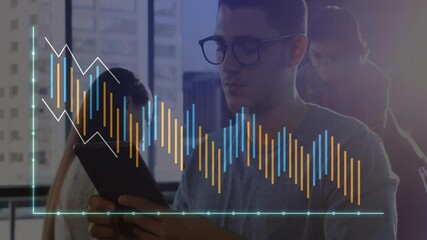 Sticker - Analyzing data on tablet, man with glasses over financial graph animation