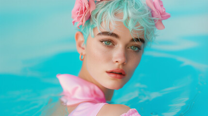 Wall Mural - A stunning portrait of a woman with mint green hair adorned with pink flowers, floating in a serene blue pool. The ethereal combination of colors creates a dreamlike atmosphere.