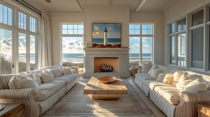 Classic coastal living room featuring traditional furniture with striped upholstery, a lighthouse painting above the mantel, and large windows offering a view of the ocean,