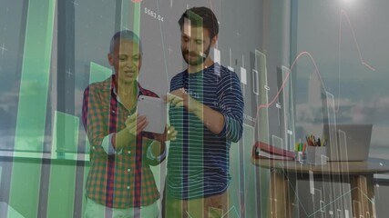 Poster - Financial data analytics animation over diverse colleagues discussing information on tablet