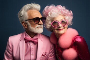 Stylish elderly couple in pink outfits and sunglasses against dark blue background.