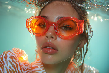 Wall Mural - Underwater portrait of a woman in orange glasses with vibrant red lips. Artistic and modern fashion photography with a surreal vibe.