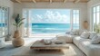 © HuynhThiThuy - Coastal living room featuring soft pastel walls, a white-washed wood coffee table, and seashell decor, with large windows providing an unobstructed view of the serene ocean,
