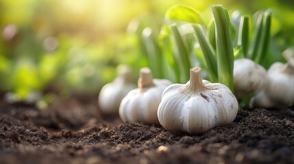 Garlic growing in the ground on a sunny day