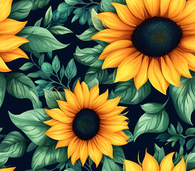 2. Abstract floral design with large, vibrant sunflowers and green foliage arranged in a repeating pattern on a dark navy background 