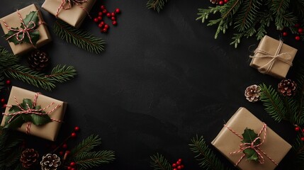 Christmas or new year background with elegant gift boxes tied with ribbons, ornaments and pine tree branches bordering a rustic black background with copy space