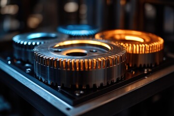 Aufkleber - Close up of metal gear wheels forming a system on industrial machine