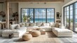 © HuynhThiThuy - Elegant seaside chic living room featuring coastal-inspired patterned furniture, vintage and modern decor blend, and soft ambient lighting, large windows with an ocean backdrop, hd quality,