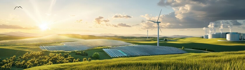 Wall Mural - Panoramic View of Renewable Energy Sources with Wind Turbines and Solar Panels in a Green Landscape at Sunset