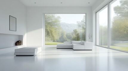 Wall Mural - Modern living room with white sofa, large windows and a view of a green forest.