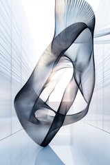 Abstract architectural interior featuring a gradient geometric glass sculpture with black lines showcased through a detailed 3D illustration and rendering