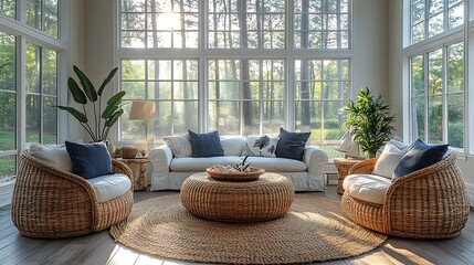 Wall Mural - A bright and airy coastal living room featuring wicker furniture, a woven rug, and nautical-themed throw pillows, sunlight streaming through large windows, creating a cozy and inviting atmosphere,