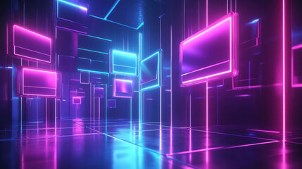 Wall Mural - A neon room with many neon lights and a few TVs. The TVs are all different colors and sizes