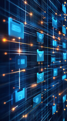 Poster - A computer network with many blue and orange lines and shapes. The shapes are all different sizes and colors