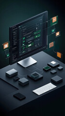 Poster - A computer monitor displays a complex network of icons and buttons. Concept of technology and organization, with the various icons representing different functions and applications