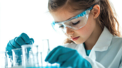 Poster - A young girl wearing a lab coat and goggles is working on a science experiment. She is wearing blue gloves and is focused on her work