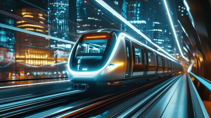 Wall Mural - Futuristic High-Speed Train in a Modern City at Night with Neon Lights and Skyscrapers