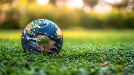 Poster - A small blue and green globe is sitting on a patch of grass. The globe is surrounded by green grass and trees, giving the impression of a peaceful, natural setting