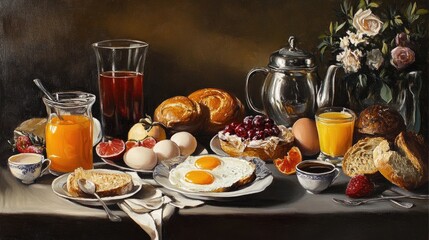 Oil painting depicting a breakfast spread featuring eggs tea juice and bread showcasing various meal elements