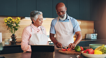 Wall Mural - Senior couple, healthy or tablet for cooking recipe method, dinner or guide in home or interracial marriage. Online tutorial, learning or people with ingredients instruction, food or meal prep steps