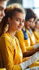 Poster - A woman in a yellow shirt is smiling at the camera. She is surrounded by other people in yellow shirts
