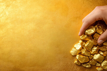 Wall Mural - A person is holding a bunch of gold. The gold is shiny and heavy. The discovery and increasing demand for gold.