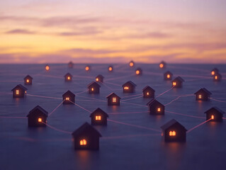 Poster - A group of houses are connected by a network of lights. The houses are small and are lit up, creating a warm and cozy atmosphere. Concept of community and togetherness, as the houses are all connected