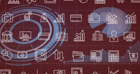 Wall Mural - Financial and security icons animation over red grid background