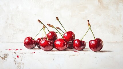 Oil painting depicting cherries on a white background showcasing the fruit elegantly