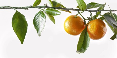 Two citrus fruits on a twig with foliage, separated on a blank backdrop with complete focus.