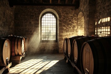 Wall Mural - A cozy wine cellar showcases wooden barrels stacked against rustic stone walls. Sunlight filters through the window creating a warm atmosphere. Generative AI