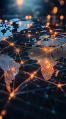 Poster - A computer generated image of a globe with a network of lines connecting it. Concept of interconnectedness and the vastness of the world