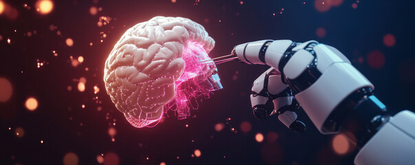 Poster - A robot is touching a brain with a finger. Concept of curiosity and wonder about the workings of the human brain