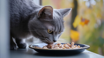 A sweet, gray cat happily gobbles up its wet food from a plate on the windowsill.  It's clear this kitty is healthy and enjoys its meal.