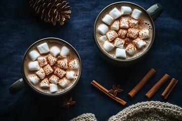 Wall Mural - Two cups of hot chocolate with marshmallows and cinnamon sticks on a dark blue tablecloth, top view, flat lay background, minimal concept