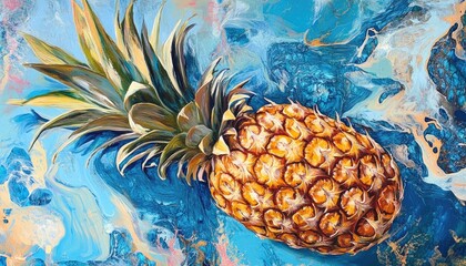 Vibrant oil painting featuring a fresh juicy pineapple against a striking blue marble backdrop Close up top view of the tropical fruit on a colorful surface