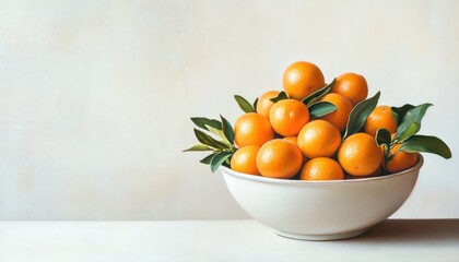 Oil painting depicting a bowl filled with fresh kumquat fruits against a white backdrop