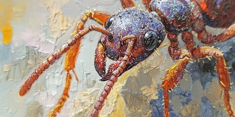 Close up oil painting of a tiny red ant from the back showcasing intricate details and vibrant colors