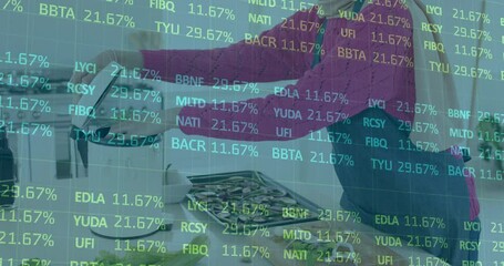 Poster - Stock market data animation over person cooking in kitchen