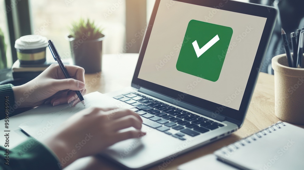 Computer Screen With Check Mark Laptop Screen Showing a Green Check Mark Stock Illustration | Adobe Stock