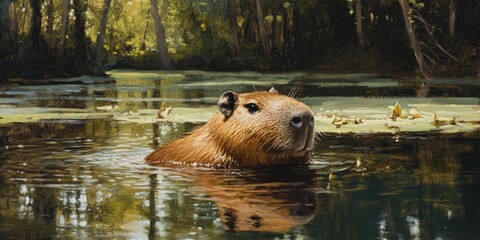 Oil painting depicting a capybara swimming in a serene lake