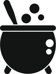 Poster - Black and white silhouette of a cauldron, with a magic potion bubbling inside and a wooden spoon