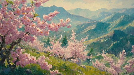 Oil painting of peach blossoms in a scenic tea garden on a hillside showcasing nature s beauty and tranquility