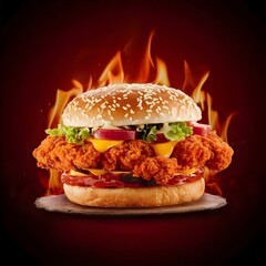 Delicious spicy fried chicken burger ads with burning fire on dark background.