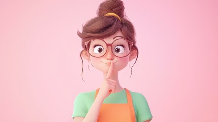 Wall Mural - A casual girl with glasses in an orange apron is inspired, touching her chin while raising her finger in a motivating pose.