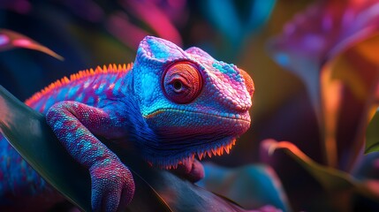 A vivid high-definition photo of a chameleon glowing under colorful neon lighting