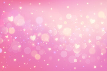 Poster - Pink background with bokeh and hearts. Cute pastel gradient girly blurred backdrop for Valentine Day card design. Lovely dreamy vector wallpaper with soft fairy light. Lilac glittering bg